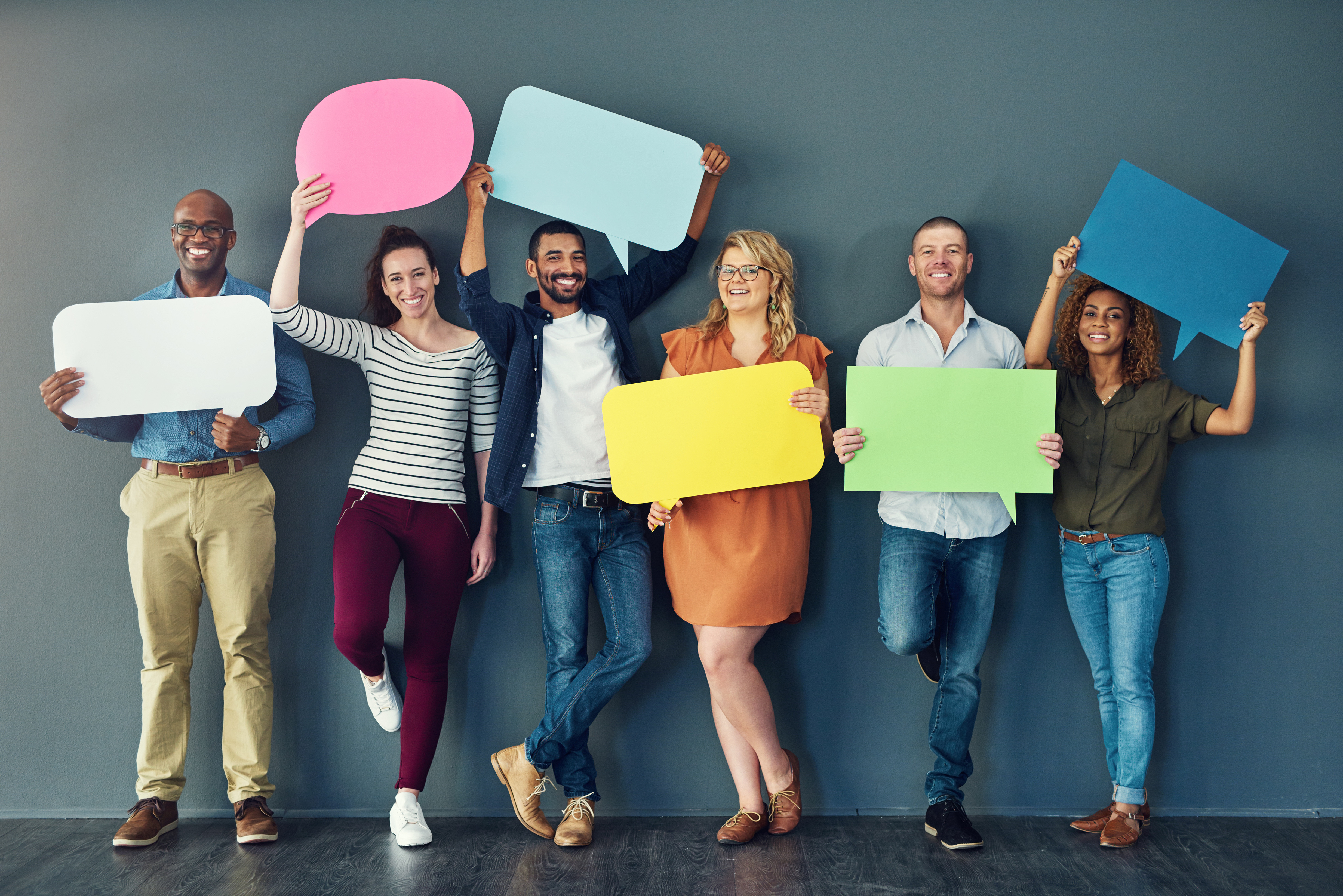 Speech bubbles, blank boards and signs held by voters with freedom of democracy and opinion. The review, say and voice of people in public news adds good comments to a diverse group.
